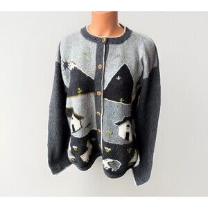 Women’s Alpaca Button Up Cardigan Sweater Size L Black Gray